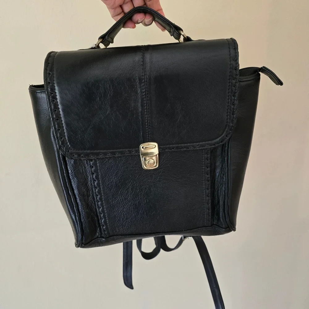 Genuine Leather Backpack Purse Black Whipstitch Made in Mexico Gold‎ Hardware